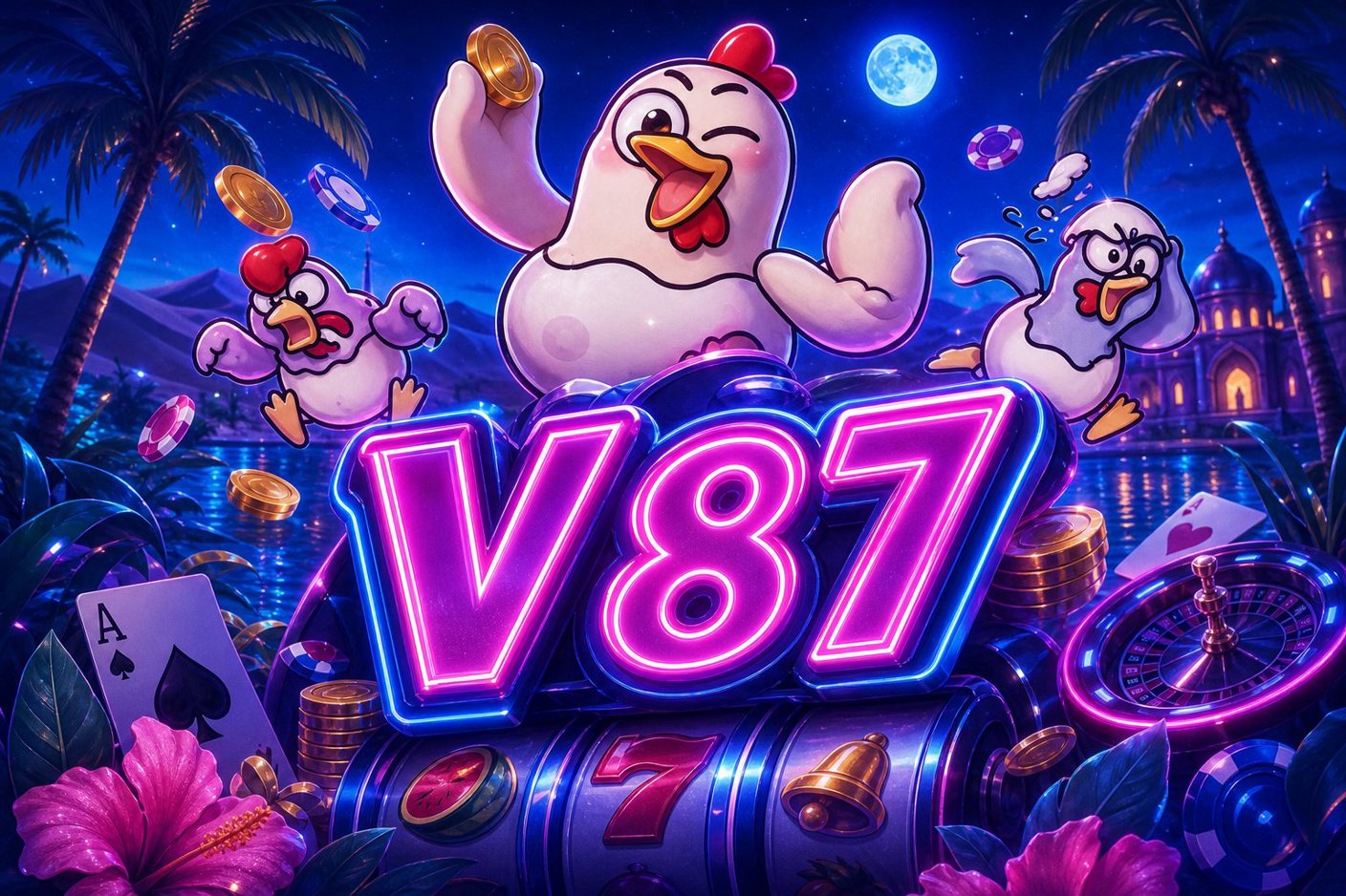 Ilustrasi Mega Ace di V87 dengan nuansa meja permainan kartu dan hadiah penyambutan